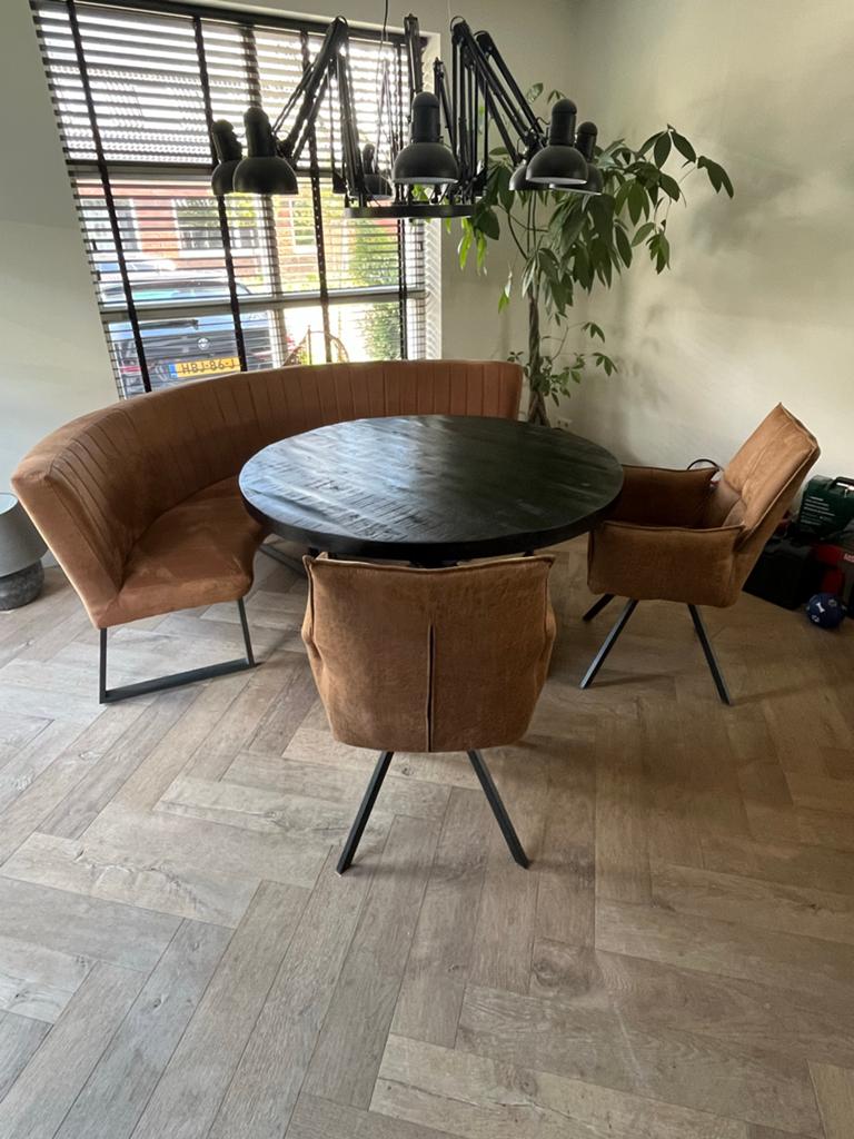 Moderne ronde eethoek: ronde tafel met bank en stoelen, Huis en Inrichting, Ophalen, Zo goed als nieuw, 4 tot 6 stoelen