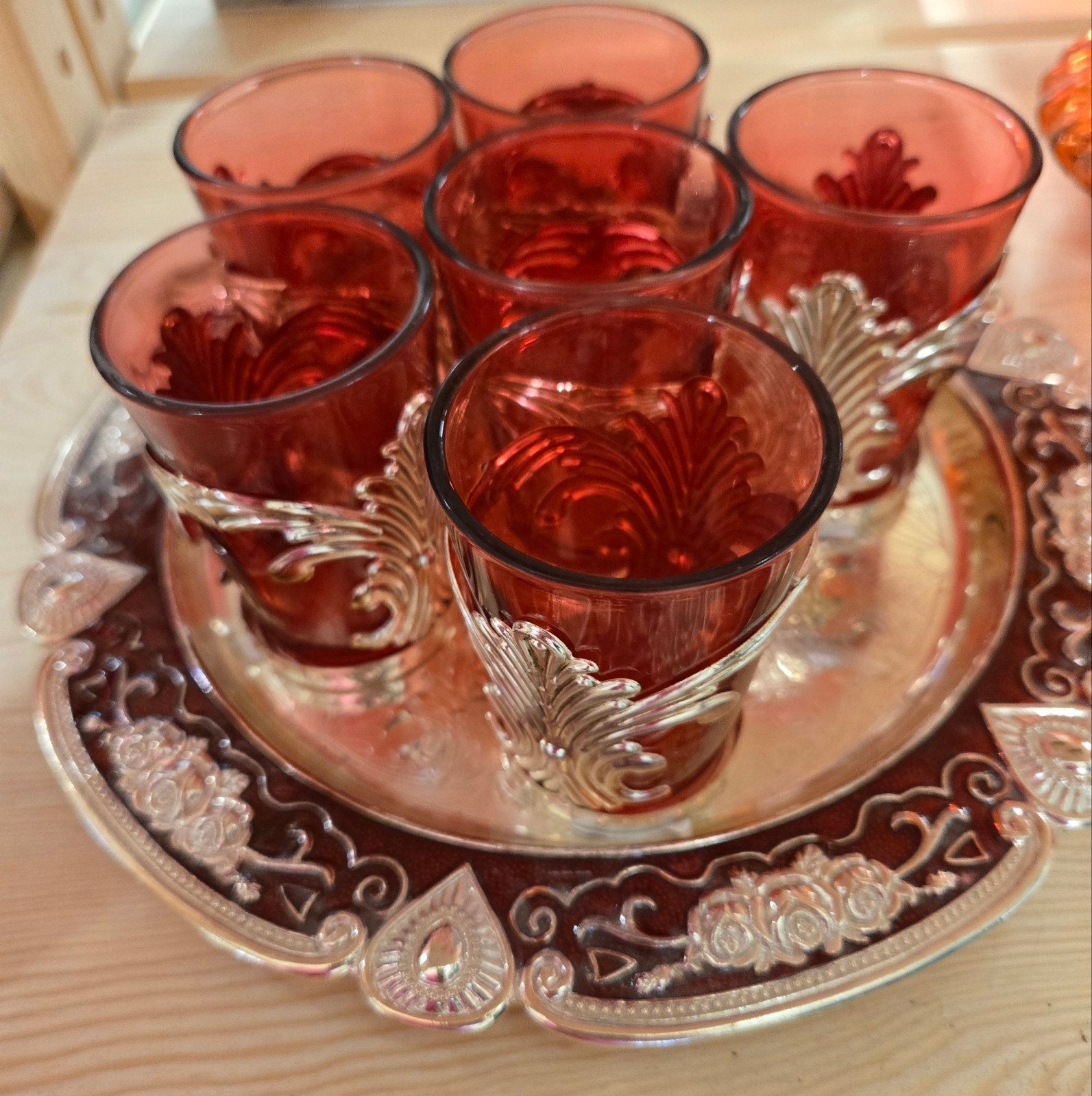 Dienblad met 6 glaasjes, Oosters, Cranberry. Turkse theeset, Ophalen of Verzenden