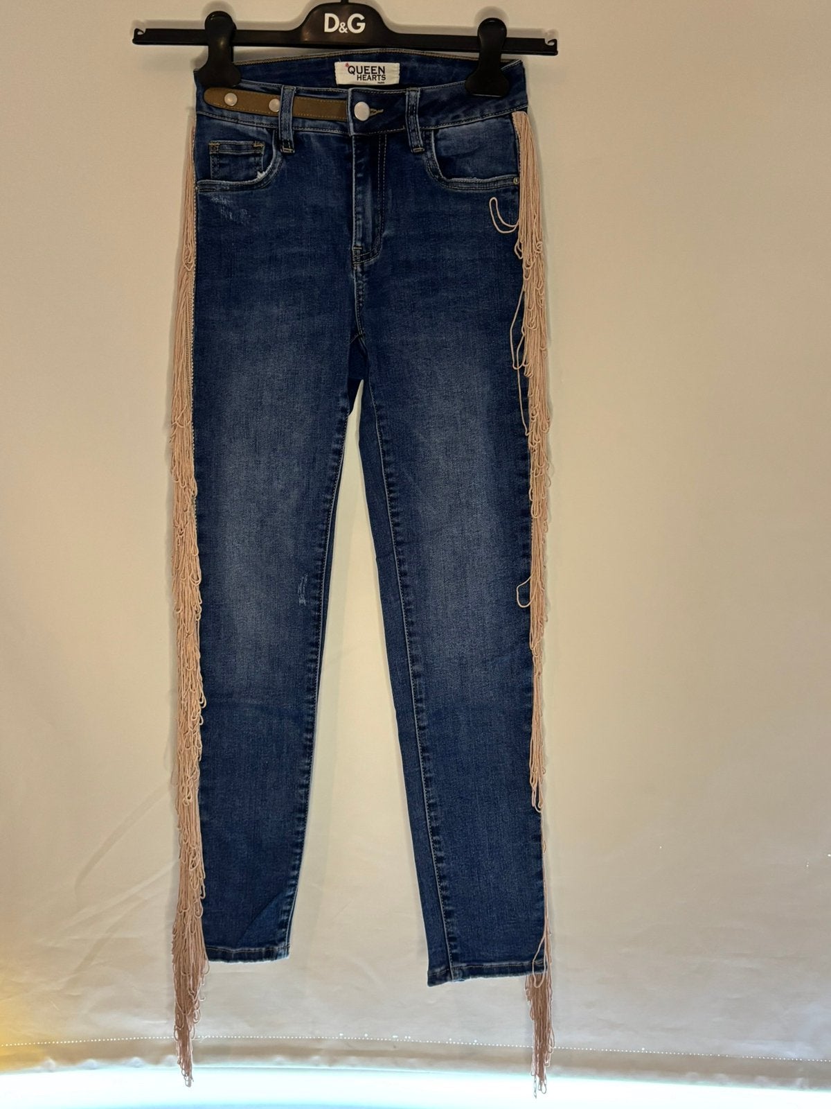 Queen hearts broek met veel strech en franjes xs 34, Blauw, ., Ophalen of Verzenden, Zo goed als nieuw