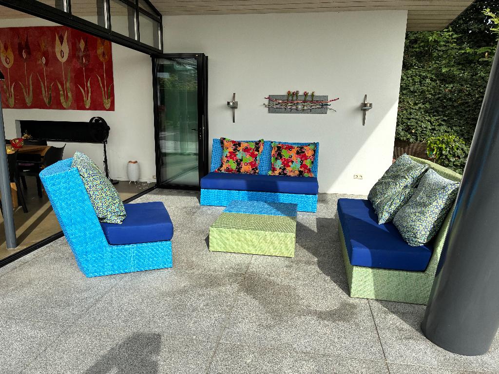 Loungeset, Tuin en Terras, Tuinsets en Loungesets, Gebruikt, Loungeset, Kunststof, 5 zitplaatsen, Bank, Bijzettafel, Stoel, Ophalen