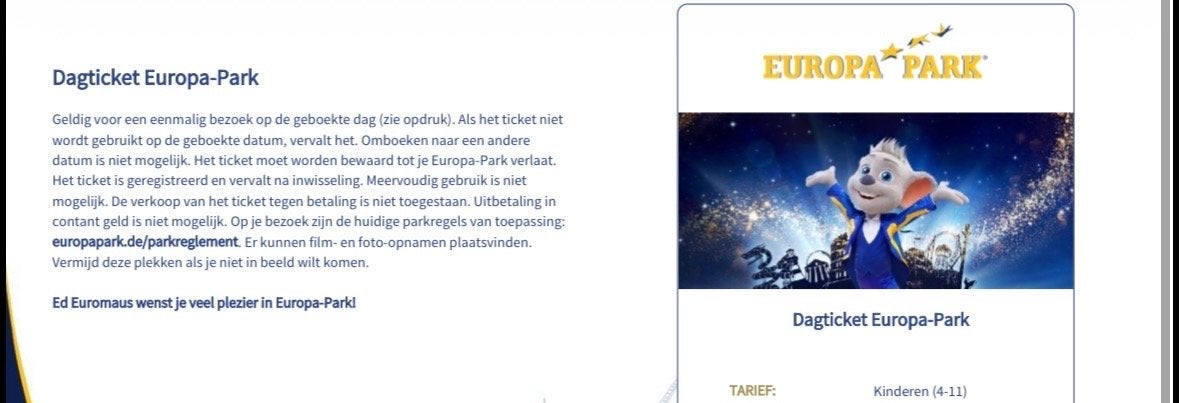 Kaartje Europapark kind (4-11 jaar), Tickets en Kaartjes, Recreatie | Pretparken en Attractieparken, Eén persoon, Ticket of Toegangskaart