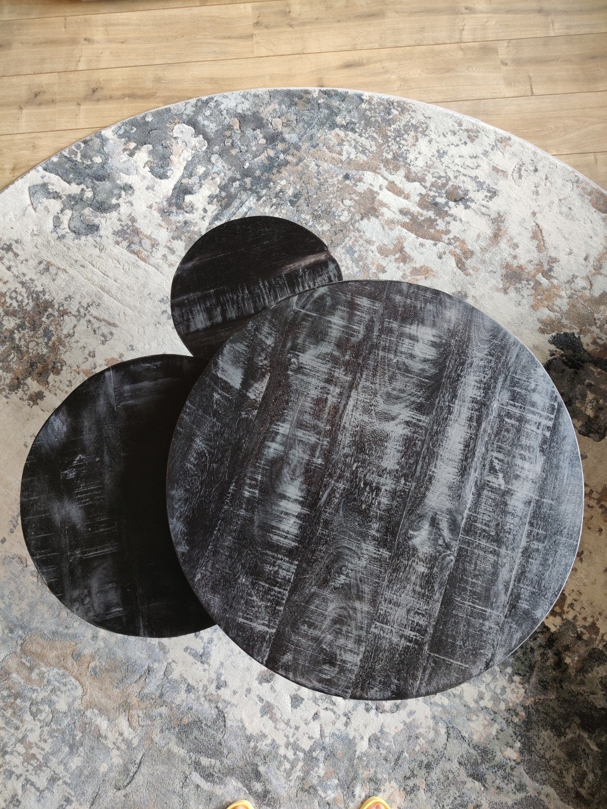 Set van 3 mooie ronde salontafeltjes - Zwart hout en metaal, 50 tot 100 cm, Modern, Industrieel, Rond, 50 tot 100 cm