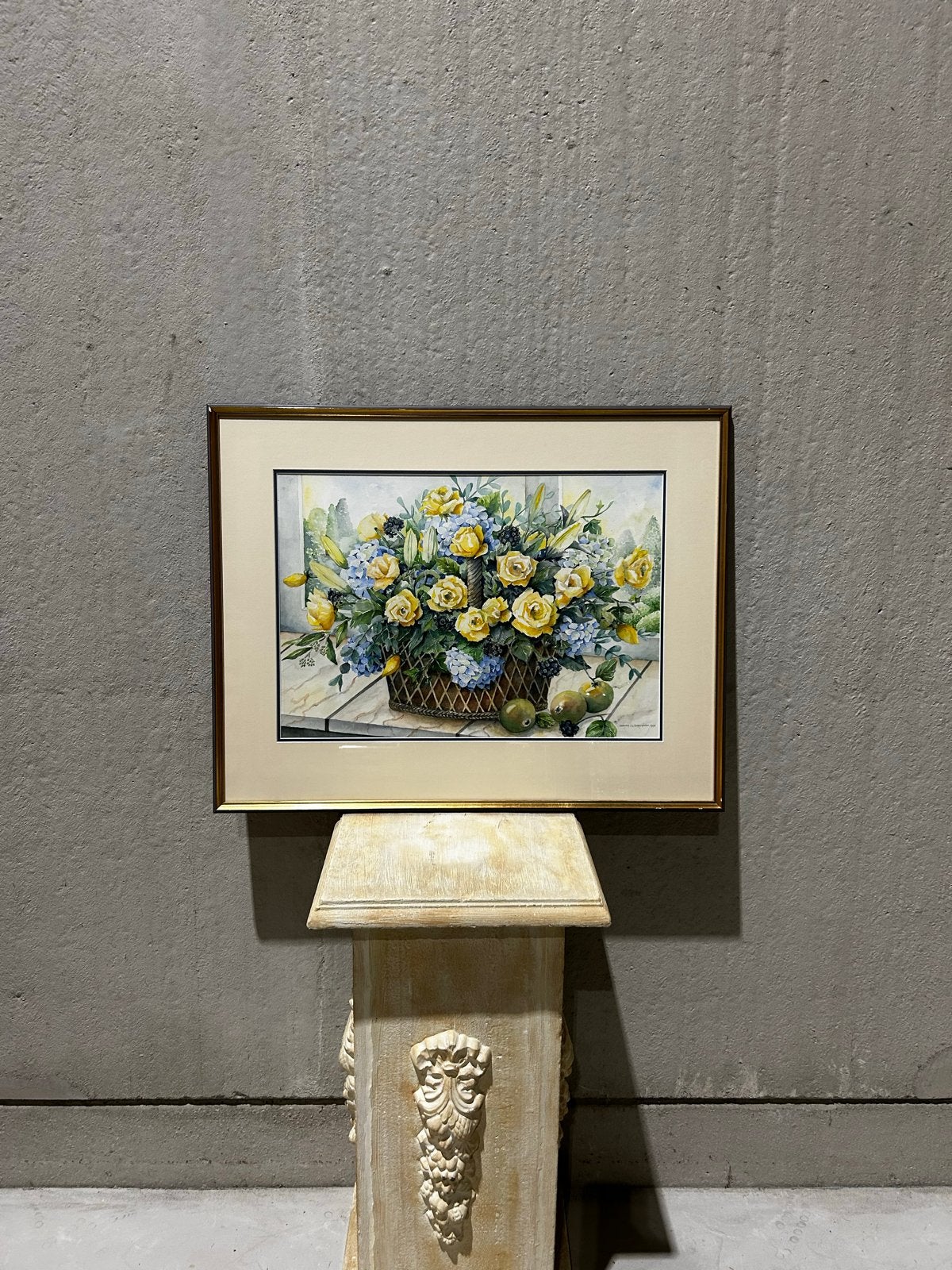 Aquarel stilleven bloemenmand Maryke v.L. Dogterom 1993, Achter glas, Realistisch, Stilleven, Ophalen of Verzenden
