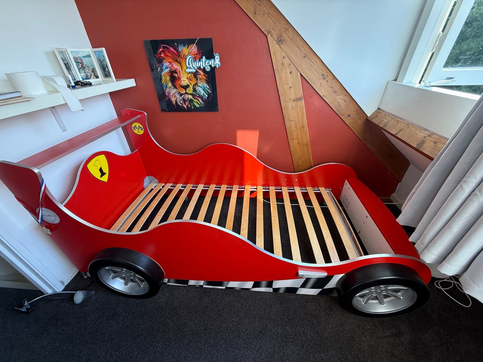 Raceauto Kinderbed met Lattenbodem, Ophalen, 85 tot 100 cm, Gebruikt, Lattenbodem