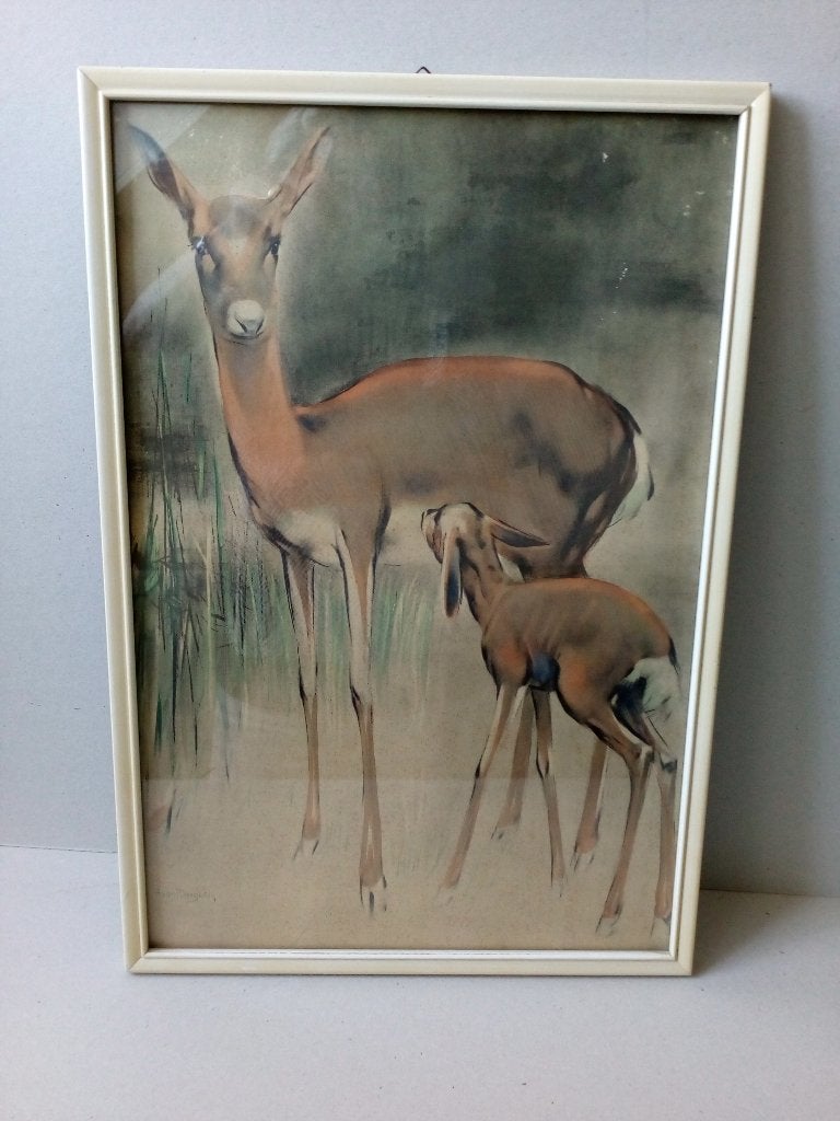 Vintage schilderij. Ree met kalf. H.v.Meegeren. Jaren 50/60, Antiek en Kunst, Ophalen of Verzenden