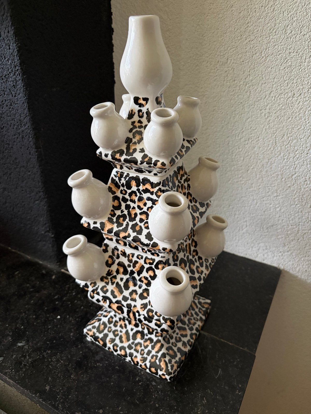 Stapelgekte tulpenvaas luipaardprint, Huis en Inrichting, Woonaccessoires | Vazen, Meerkleurig, Nieuw, Ophalen of Verzenden, 40 cm