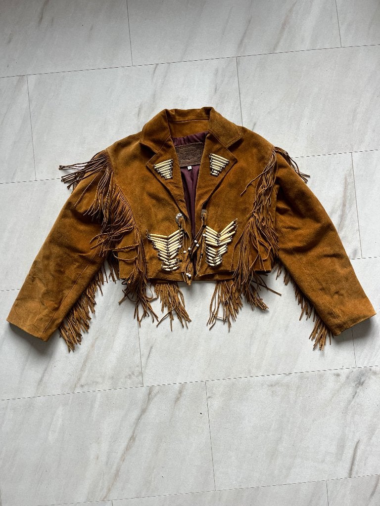 Vintage leren Fringe jas maat m, Ophalen of Verzenden, Gedragen, Maat 38/40 (M), Overige kleuren