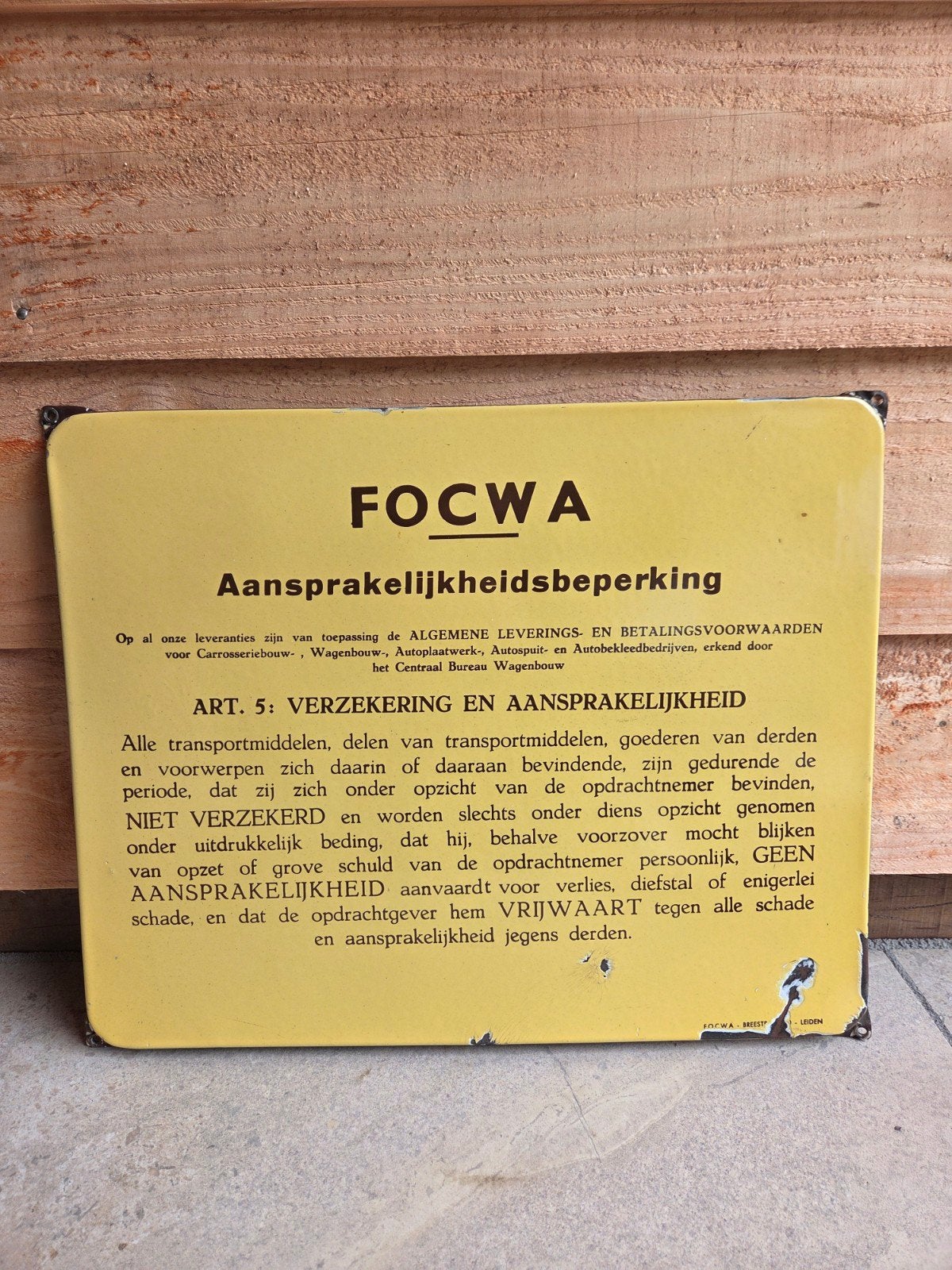 Emaille bord Focwa aansprakelijkheidsbeperking, Ophalen of Verzenden, Gebruikt, Reclamebord