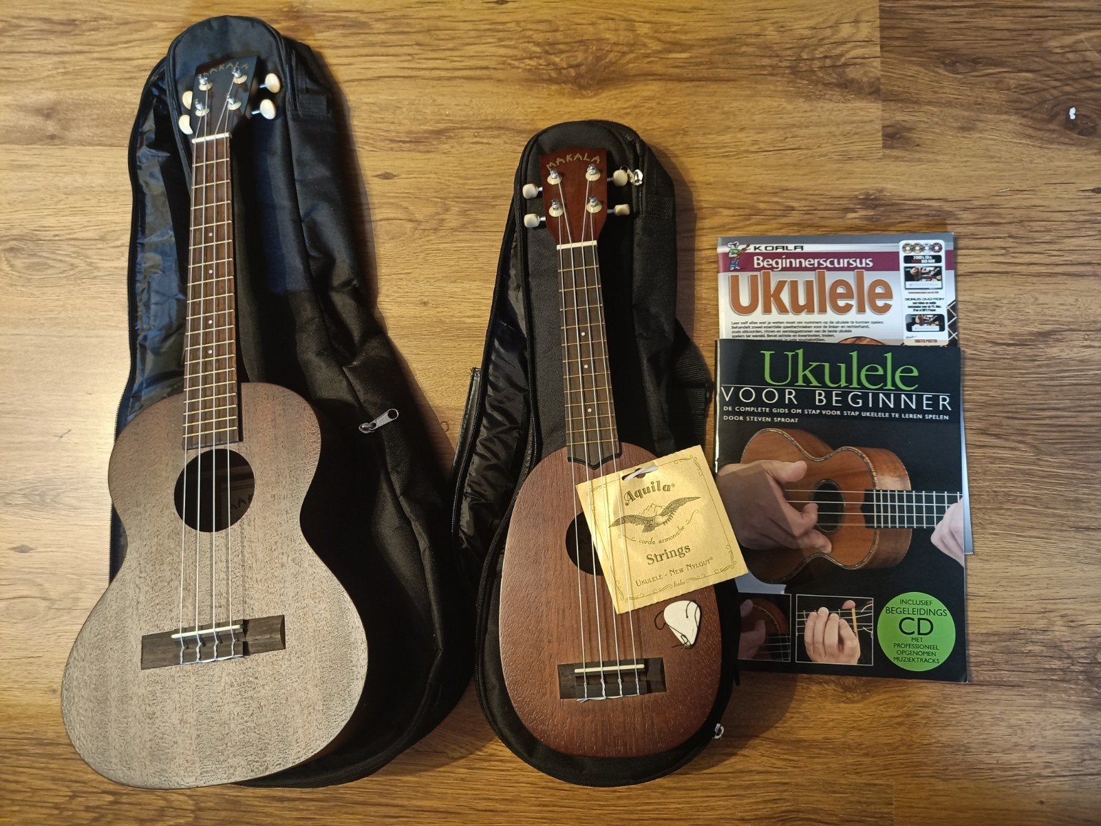 Twee ukeleles met hoezen, snaren en boeken, Ophalen, Zo goed als nieuw, Ukelele