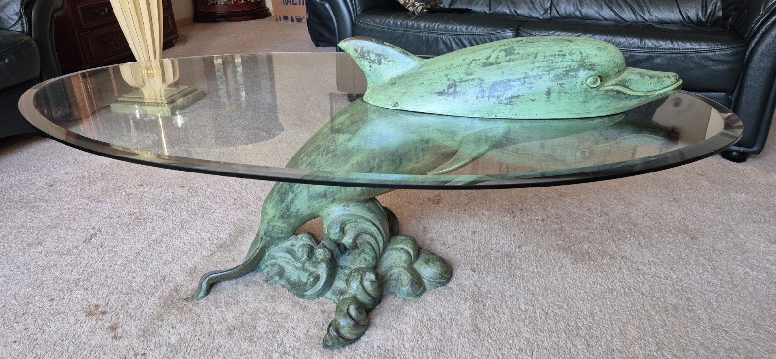 Sculpturale dolfijn salontafel, brons- messing/patina, Ophalen, Glas, Minder dan 50 cm, Ovaal