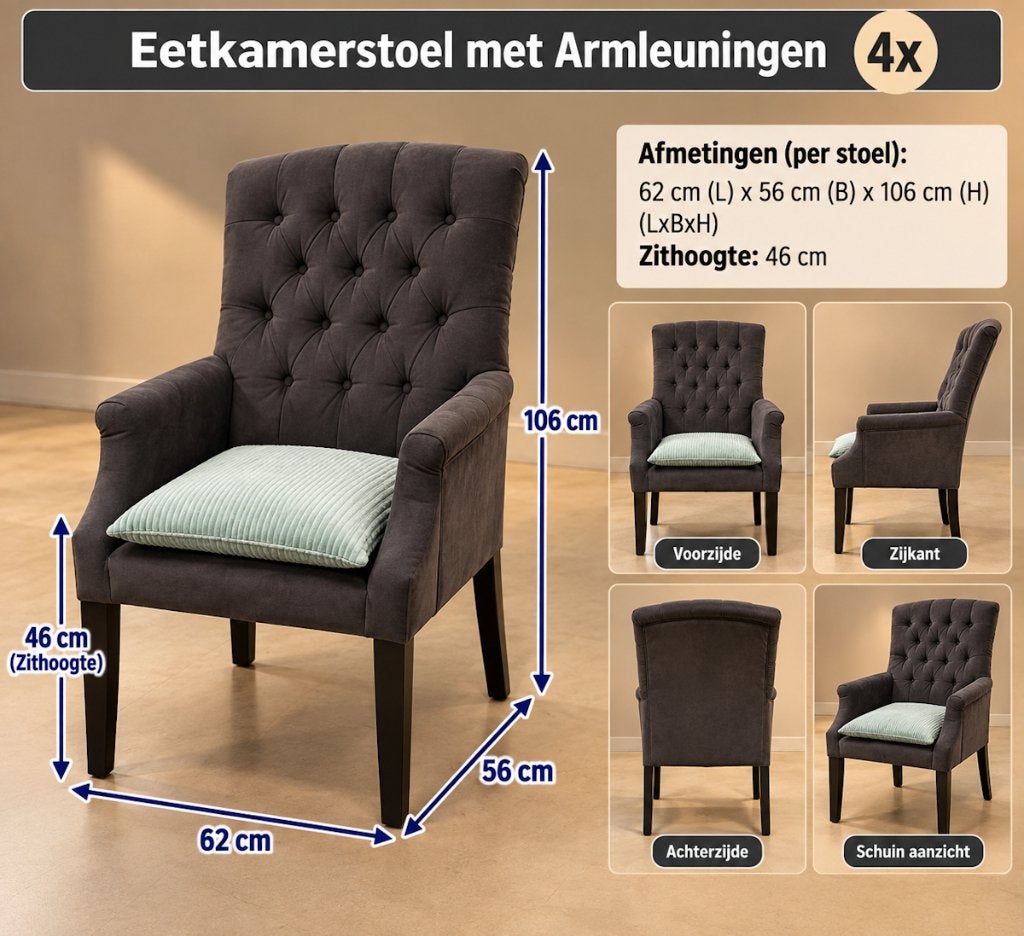 Foto 7 van Complete XL Eetkamerset: Tafel, Bank, Buffetkast & 4 Stoelen