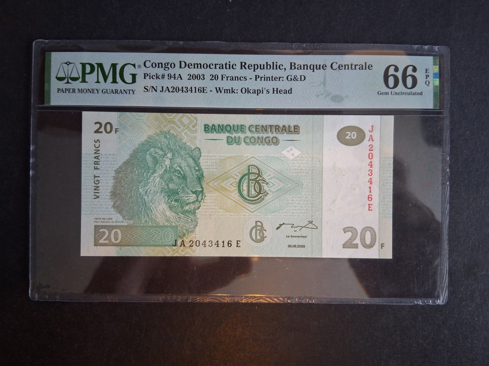 20 francs 2003 Congo pmg 66, Ophalen of Verzenden, Overige landen, Los biljet