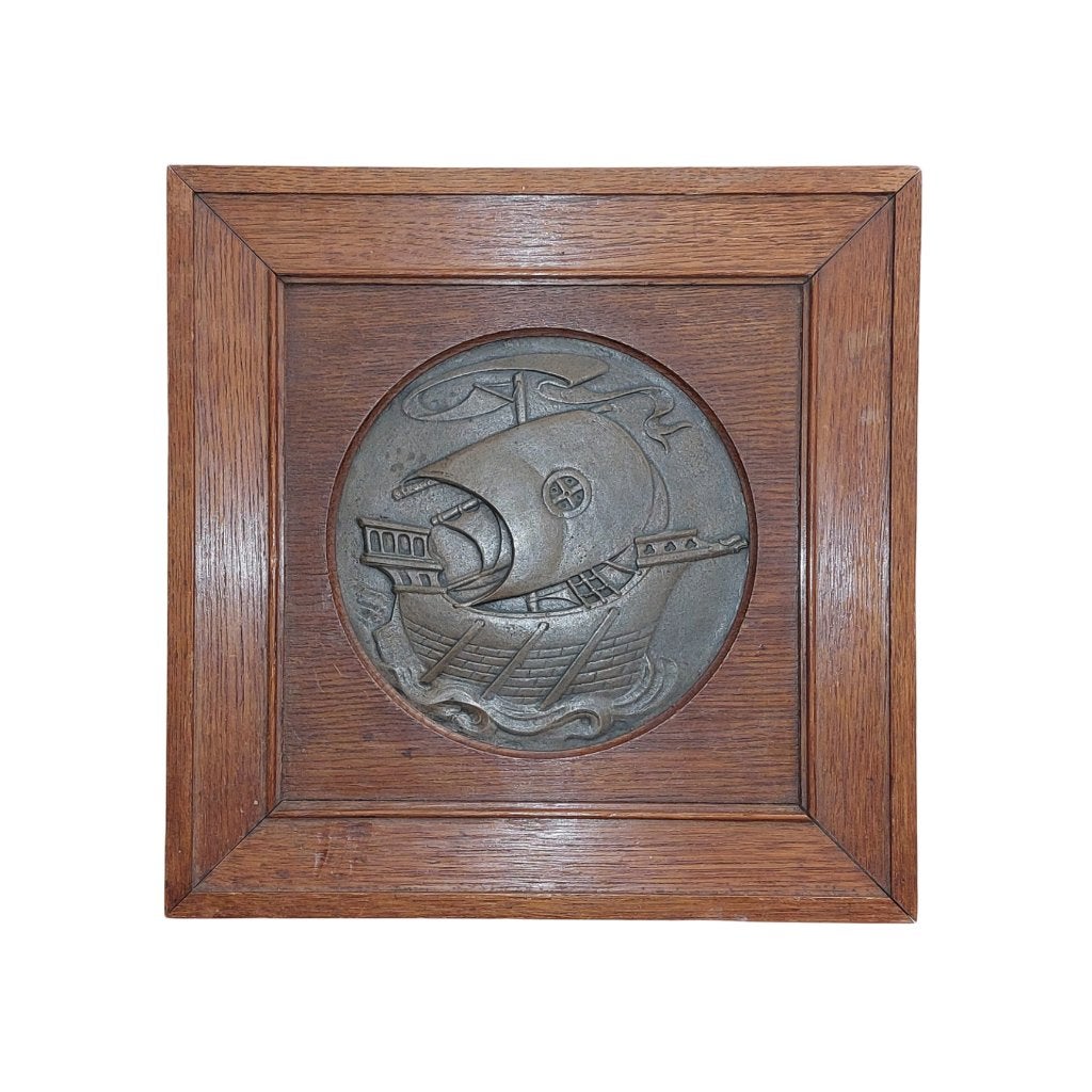 BRONZEN PLAQUETTE IN HOUTEN LIJST KOGGESCHIP, Antiek en Kunst, Verzenden