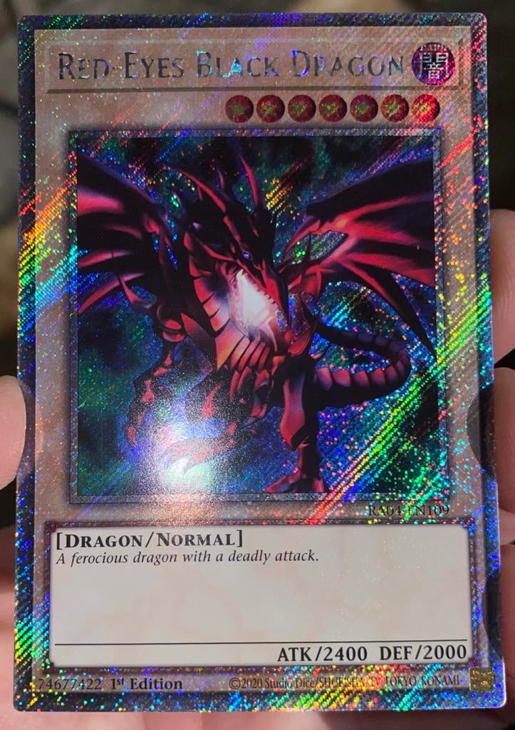 Yu-Gi-Oh! Red-Eyes Black Dragon RA04 1st Edition !, Ophalen of Verzenden, Zo goed als nieuw, Losse kaart, Foil