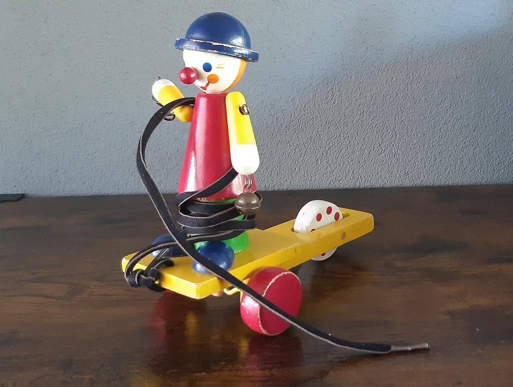 Antiek Houten trekkar met clown met belletjes, Antiek en Kunst, Ophalen of Verzenden
