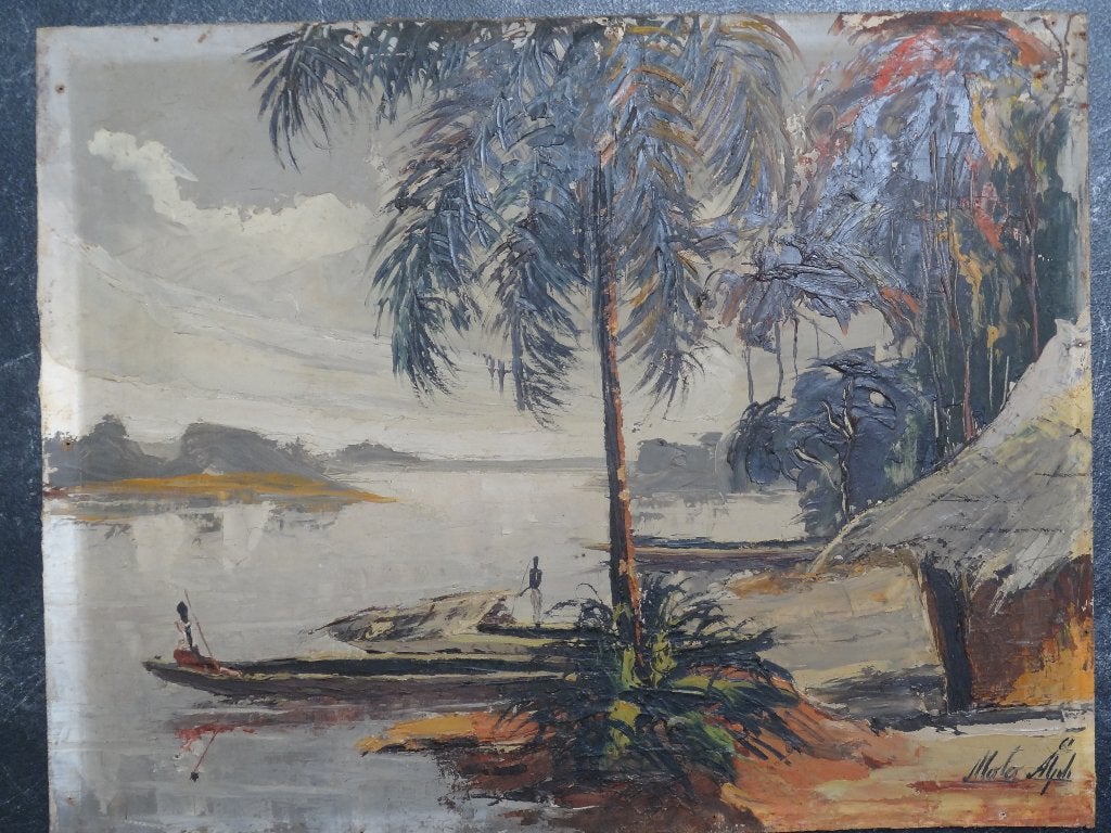 Schilderij rivier kano's bij hut Indonesië Molo Aljili 1961, Hout, Schilderij, Verzenden, Meerkleurig