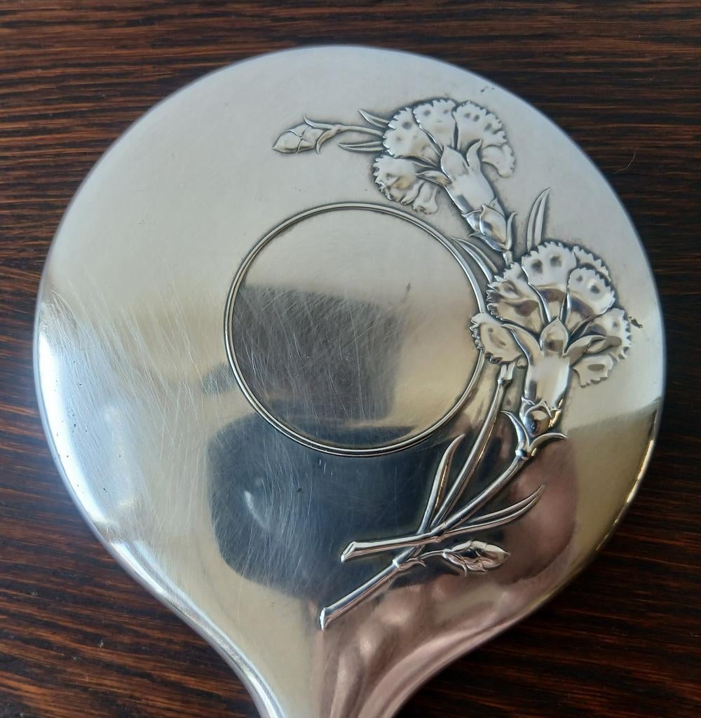 Brocante verzilverde handspiegel Art Nouveau, Antiek en Kunst, Curiosa en Brocante, Ophalen