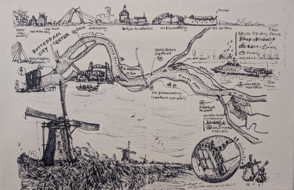 Tekening Emeline Lin: fietsen langs de Nieuwe Maas, Ophalen of Verzenden