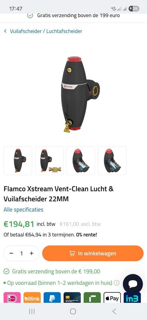 Flamco Xstream Vent-Clean Lucht & Vuilafscheider 22MM, Ophalen, Nieuw, Afzuiger