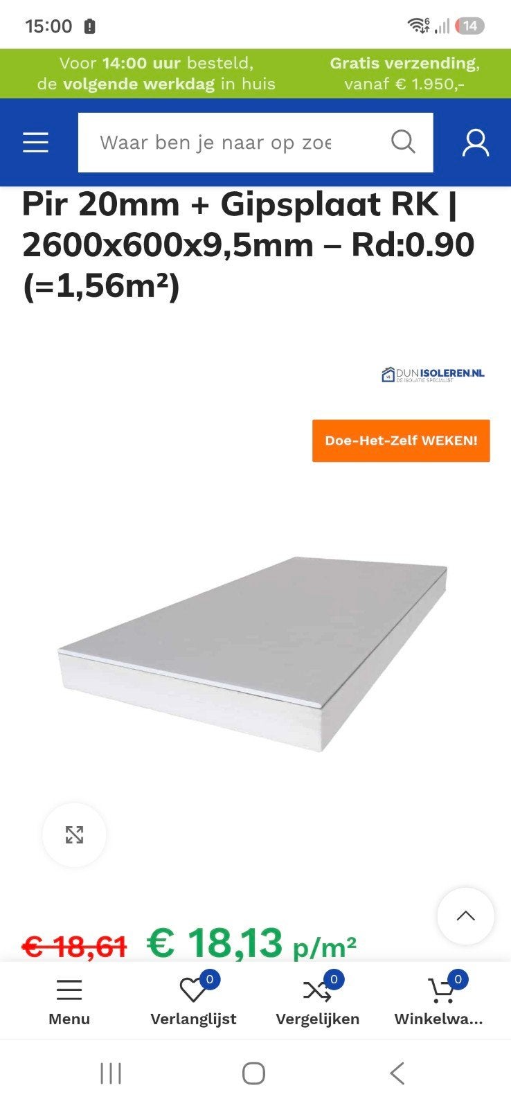 14x Pir 20mm + Gipsplaat RK | 2600x600x9,5mm - Rd:0.90, Ophalen, Dakisolatie, Nieuw, Hardschuim (Pir)