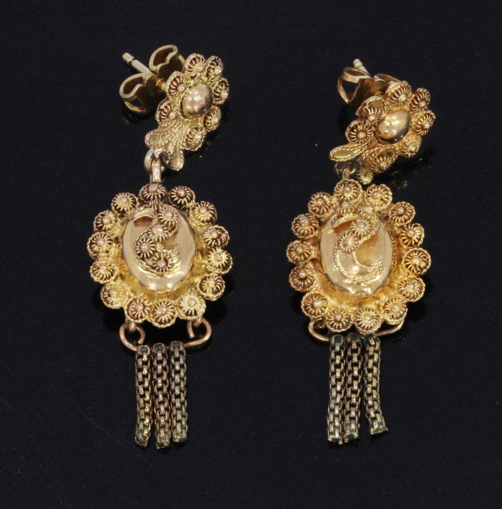 Filigrain 14k gouden oorbellen zeeland antiek baardje pampel, Ophalen of Verzenden, Goud, Oorbellen, Met edelsteen