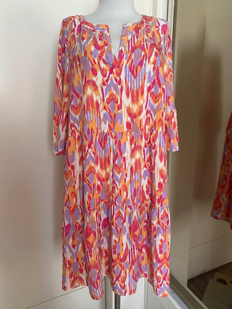 zomerjurk Christian Berg 44 koraal/roze/lila/creme, Kleding | Dames, Meerkleurig, Maat 42/44 (L), Ophalen of Verzenden, Zo goed als nieuw
