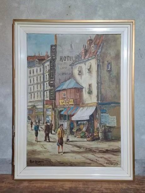 Oud vintage schilderij olieverf rue galande parijs, Ophalen of Verzenden