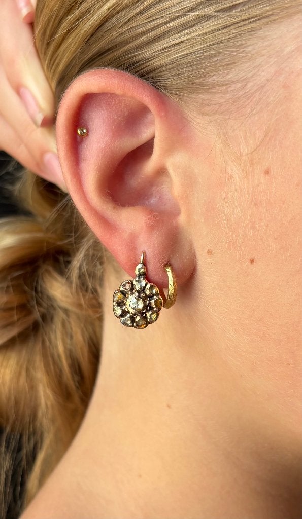 22 diamanten antiek set 14k gouden rozet dames oorbellen, Verzenden, Goud, Oorbellen, Met edelsteen