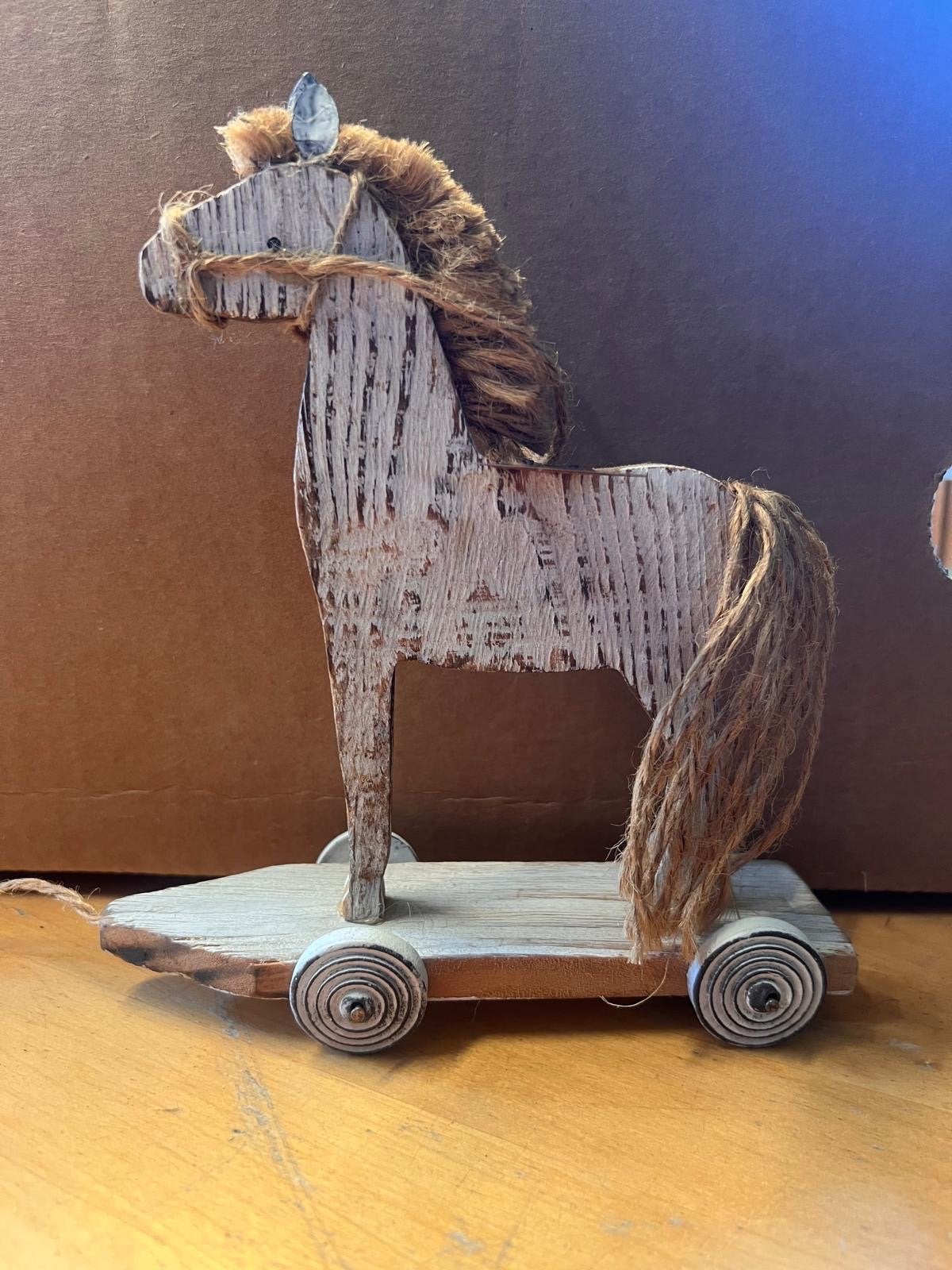 Vintage houten paardje op wieltjes - rustieke decoratie, Ophalen of Verzenden