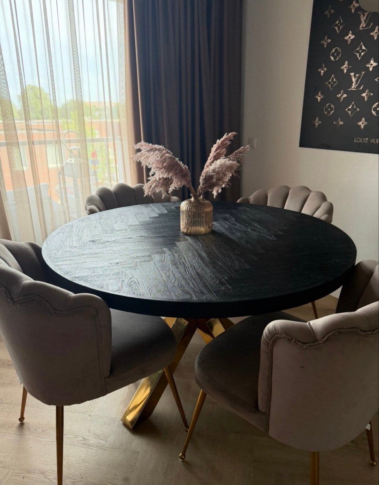 Eric Kuster style eethoek visgraat eettafel 4 schelpe stoel, Huis en Inrichting, Tafels | Eettafels, Ophalen, 100 tot 150 cm, Rond