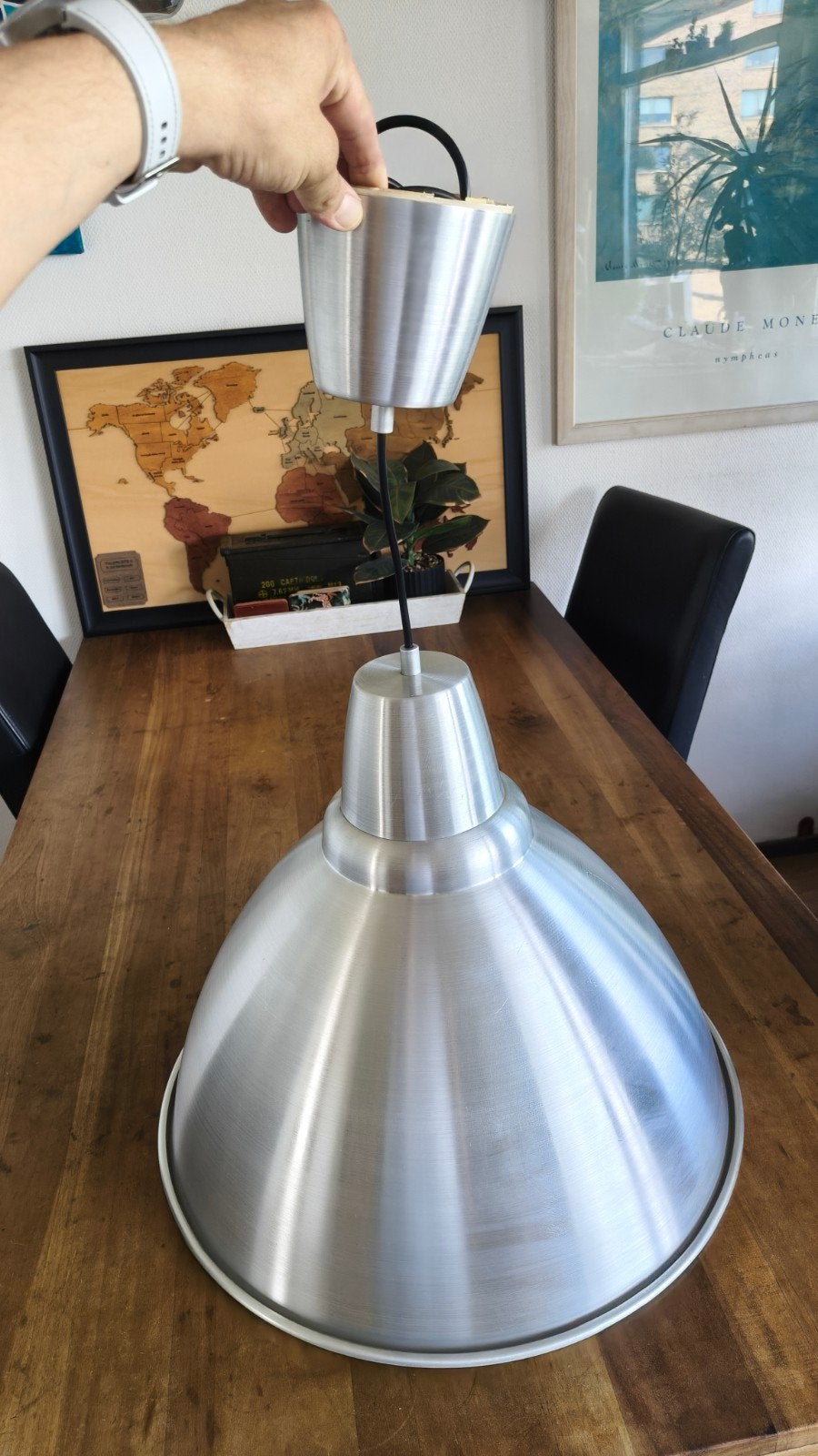 Grote industriële hanglamp, geborsteld metaal, Huis en Inrichting, Lampen | Hanglampen, Zo goed als nieuw, Metaal, E27 (groot)
