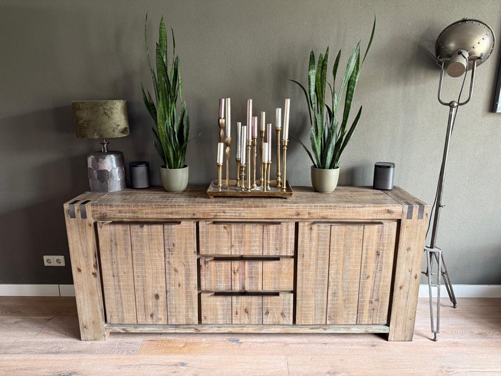 Industriële kastenset & dressoir | Massief hout met staal, Ophalen, Gebruikt, Met deur(en), 150 tot 200 cm