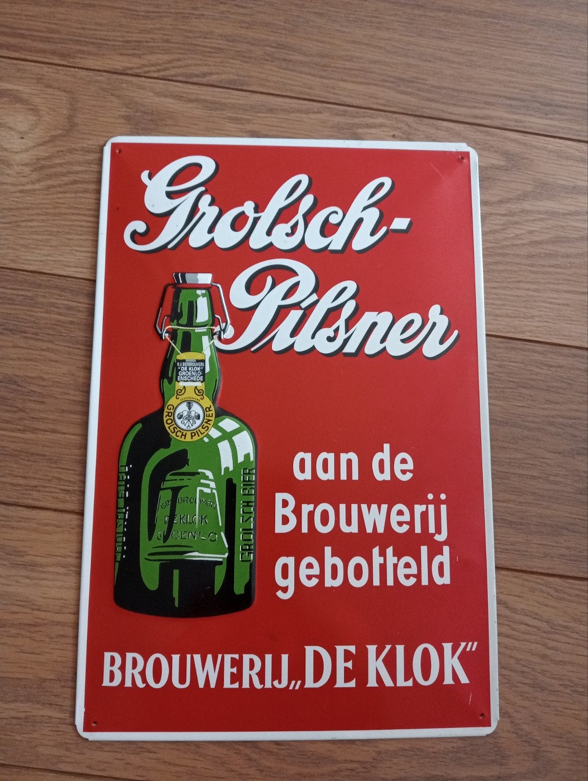 Orgineel vintage Grolsch reclamebord brouwerij De Klok 27x40, Ophalen, Zo goed als nieuw, Reclamebord