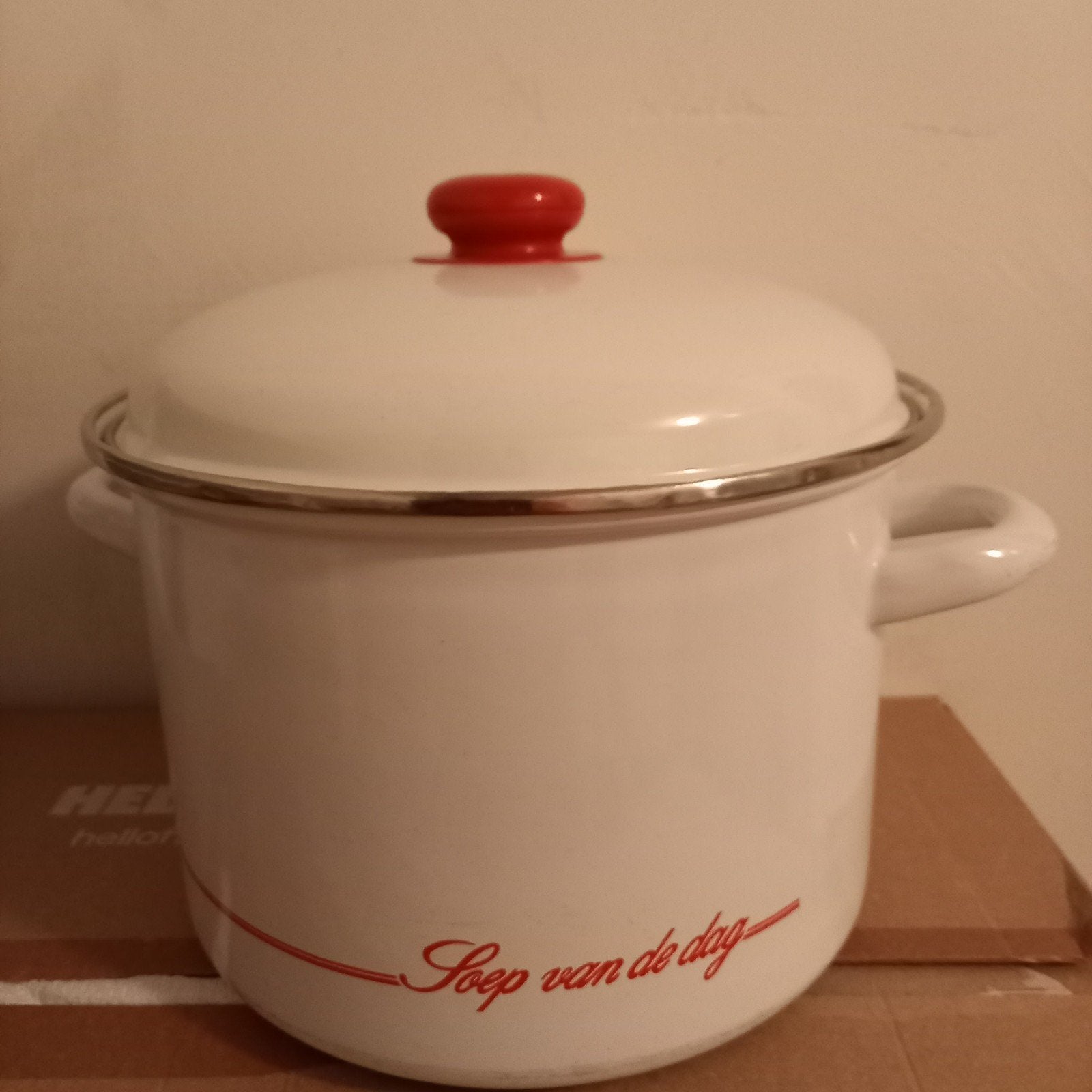 Vintage Emaille Soeppan "Soep van de dag" - Wit/Rood, Ophalen, Gebruikt, Overige materialen