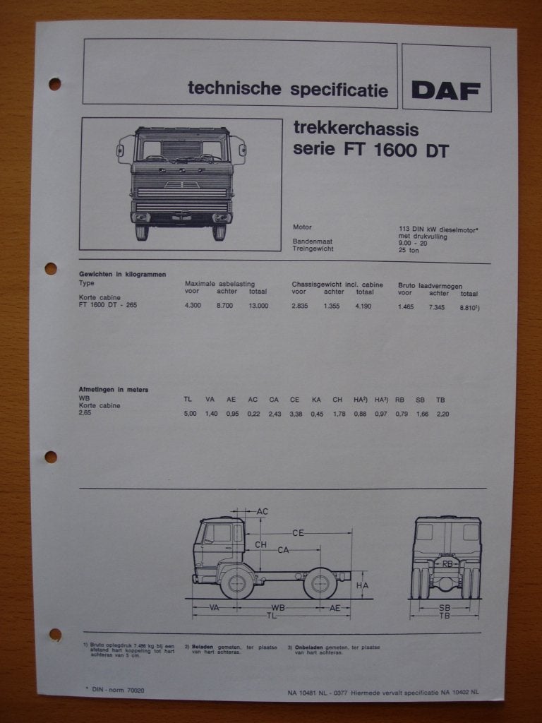 DAF FT 1600 DT Technische Specificatie folder 1977 - 4x2, Ophalen of Verzenden, Zo goed als nieuw, Overige merken, DAF