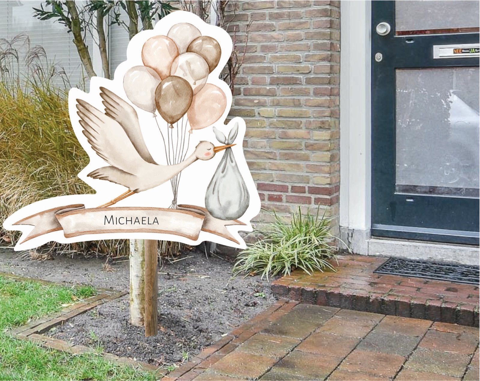 Geboortebord Ooievaar met Ballonnen en Naam - Pastelkleuren, Ophalen of Verzenden, Nieuw, Geboortebord
