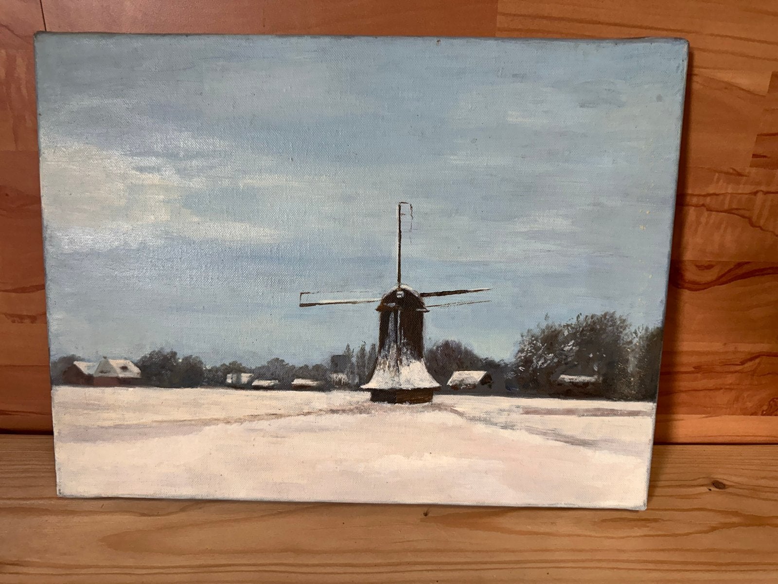 Schilderij Winterlandschap met Molen, Antiek en Kunst, Doek, Realistisch, Ophalen of Verzenden, Olieverf