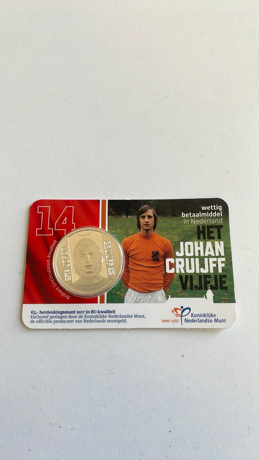 Johan Cruijff Vijfje - Zwaar Verzilverde €5,- Munt, Koningin Beatrix, Zilver, Euro's, Ophalen of Verzenden