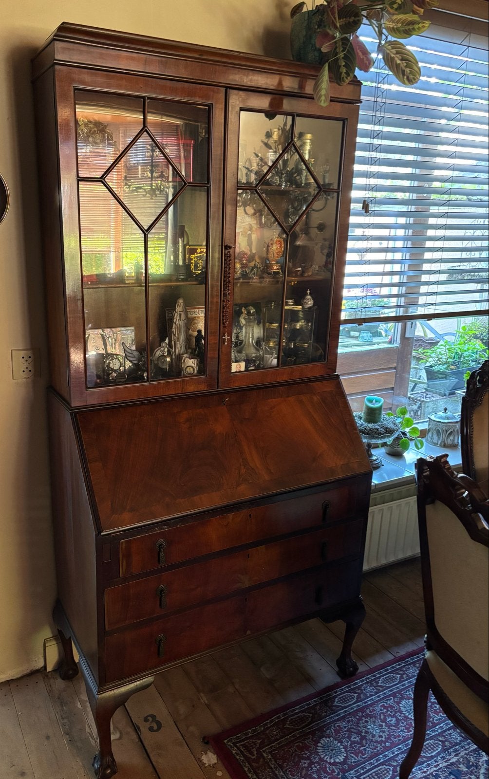 Antiek Mahonie Secretaire met Vitrinekast € 150,00, Antiek en Kunst, Ophalen