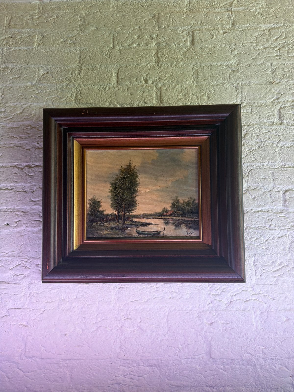 Klassiek Landschap Schilderij met Roeiboot, Doek, Ophalen of Verzenden, Landschap, Olieverf