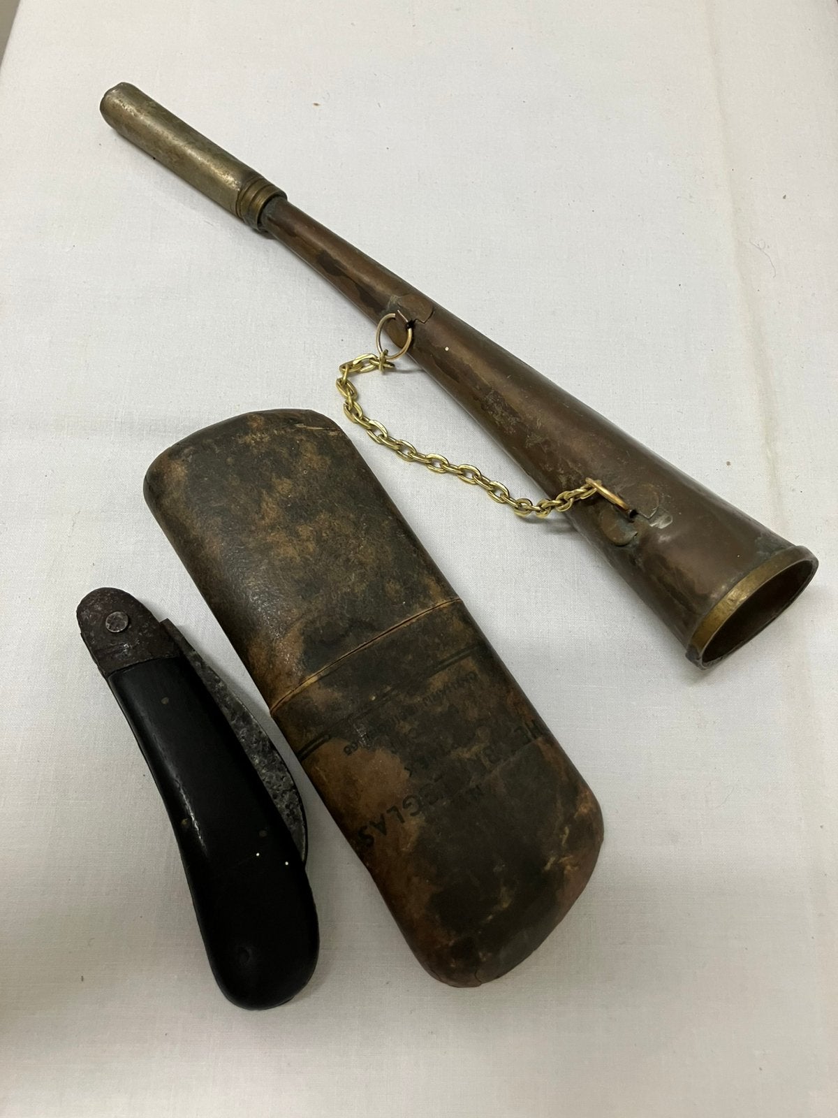 set curiosa brillenkoker, zakmes en jachthoorn, Ophalen of Verzenden