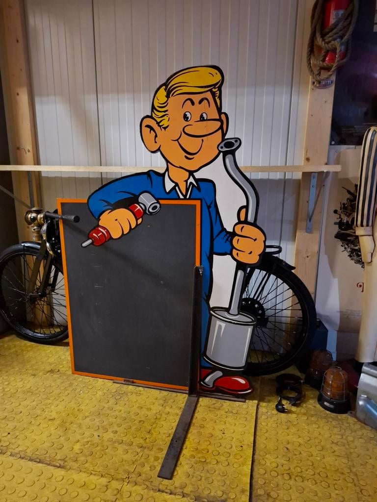 Vintage Garagebord met Monteur Figuur - Uniek Decorstuk, Ophalen of Verzenden, Gebruikt, Motoren