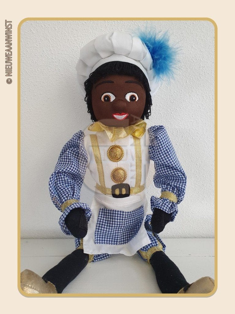 Nostalgische etalage Piet bakkerspop - wit/blauw - 45cm, Verzenden, Zo goed als nieuw