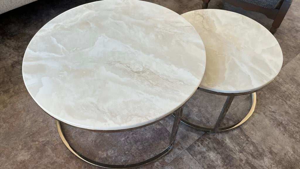 Salontafel set Doblo Marmer Zilver, Ophalen, 50 tot 100 cm, Rond, Zo goed als nieuw