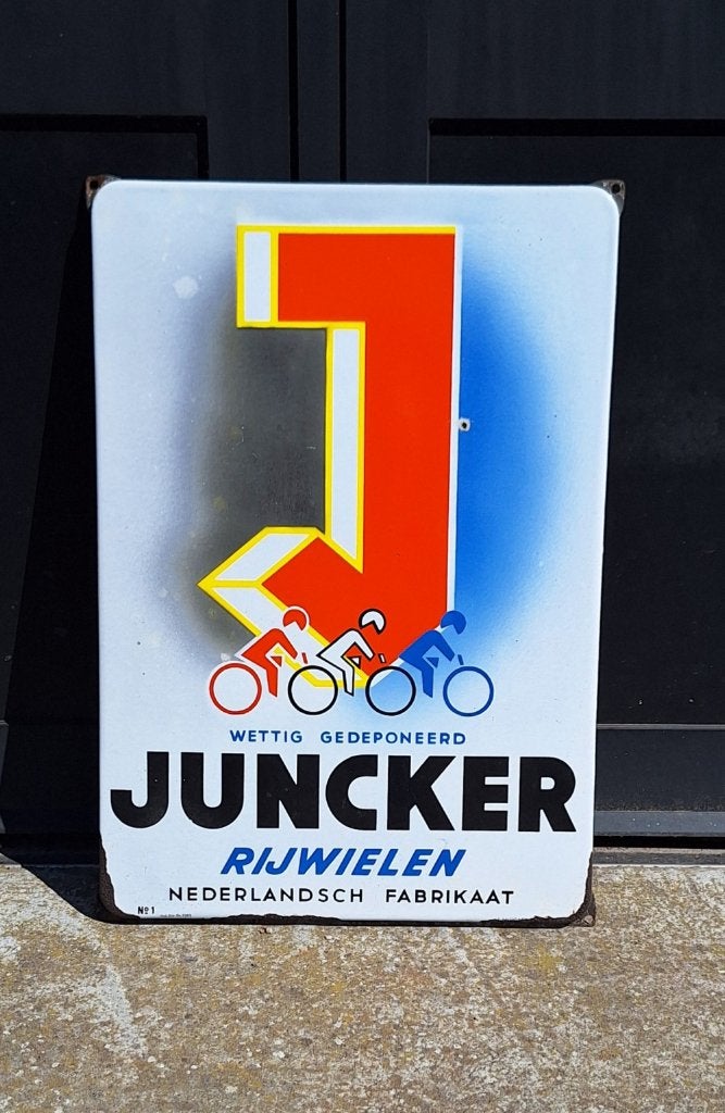 Mooi emaille reclamebord Juncker fietsen, Langcat Bussum., Reclamebord, Gebruikt, ., Ophalen of Verzenden