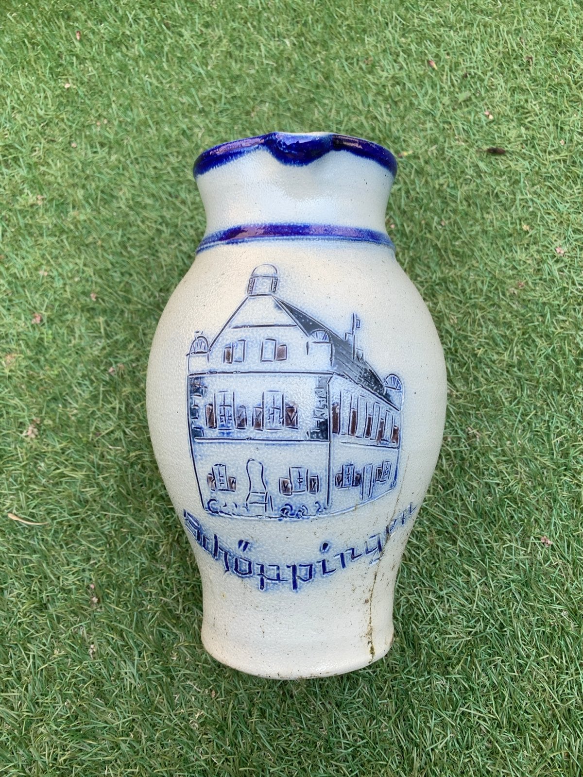 Vintage Westerwald kruik met blauw decor van gebouw, Ophalen of Verzenden