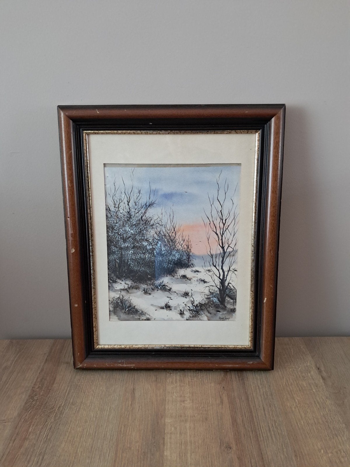 Originele aquarel 'Coucher de soleil en hiver' Annie Gran, Ophalen of Verzenden