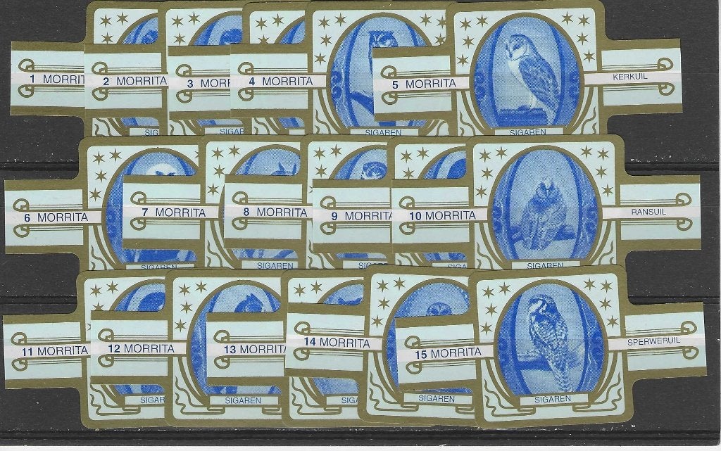 reeks   12    uilen   1-15  sigarenbanden, Verzamelen, Ophalen of Verzenden, Zo goed als nieuw, Sigarenbandjes
