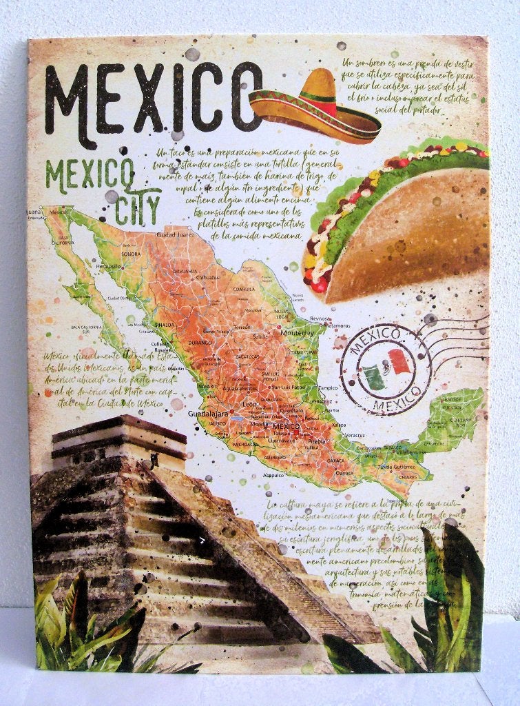 Mexico City Metalen wandplaat Reclame Bord, Metaal, 45 cm, Meerkleurig, Decoratieobject