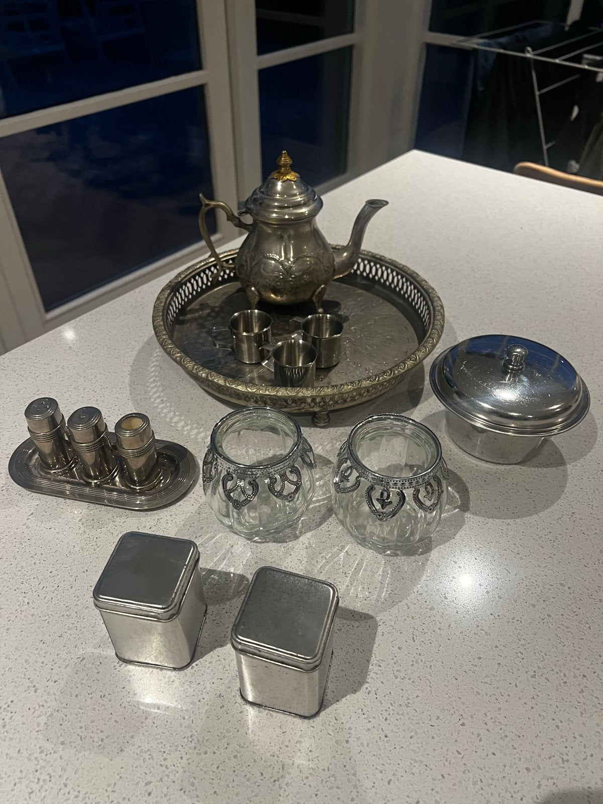 Vintage Marokkaanse theeset en diverse zilverkleurige items, Ophalen of Verzenden